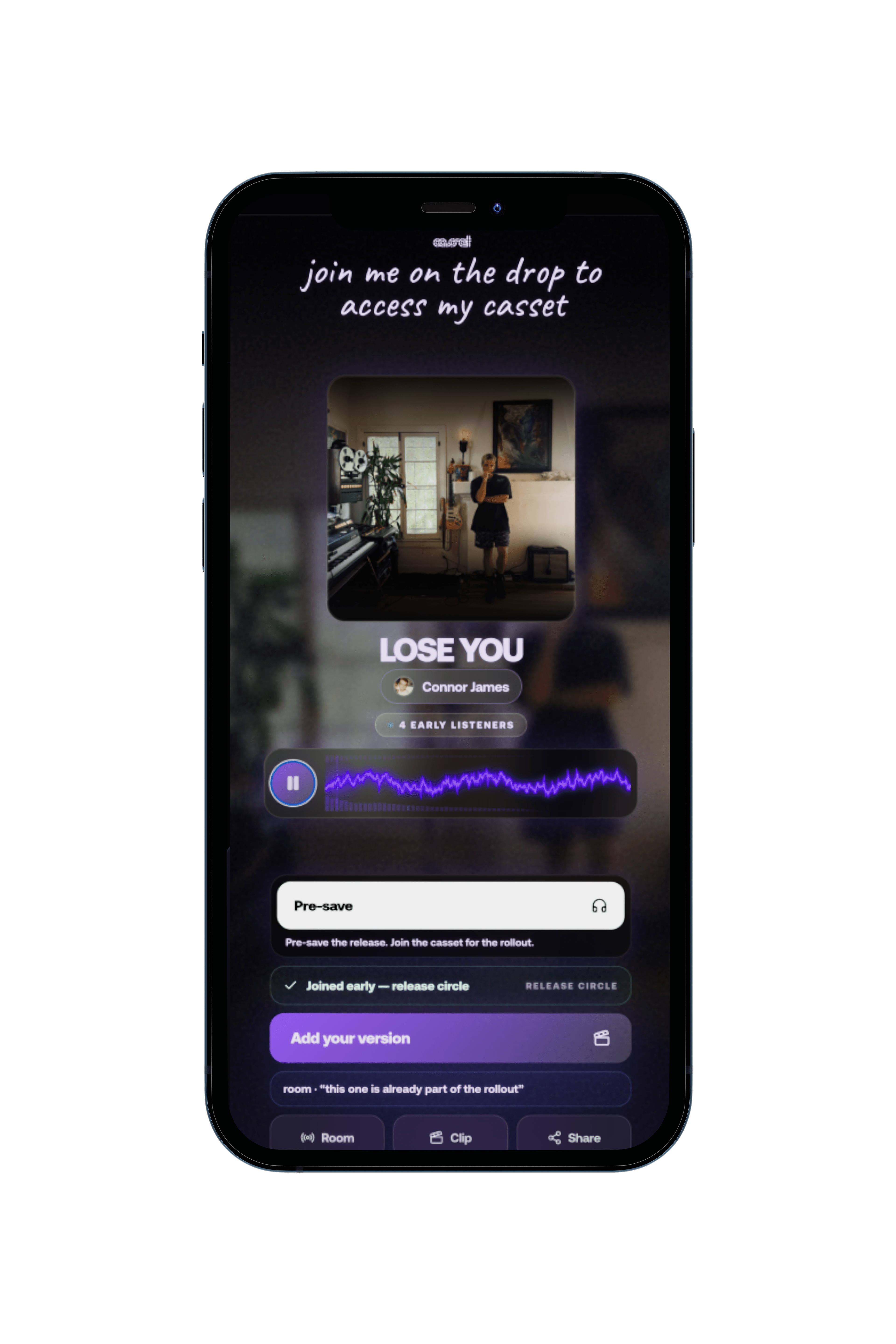 Casset release link phone view inviting listeners into the drop