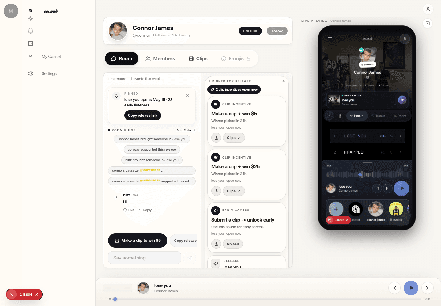 Casset product screenshot showing desktop Profile World, release room, hook list, and mobile preview.